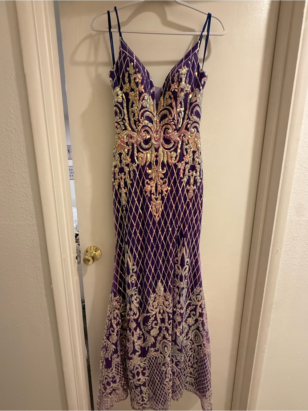 Purple/Bue and Gold Sequin Embellished V-Neck Evening Dress with Slit